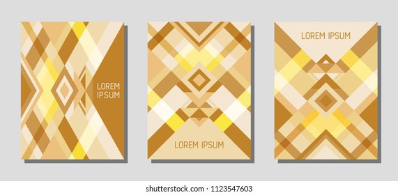 Set of cover page layouts, vector templates geometric design with triangles and stripes. Folklore brazil motifs. Bauhaus pattern vector covers design. Modern rhombus stripe triangle shapes.