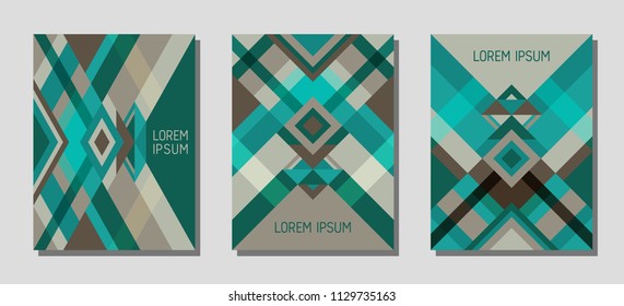 Set of cover page layouts, vector templates geometric design with triangles and stripes. Ethnic mexican motifs. Bauhaus pattern vector covers design. Trendy rhombus stripe triangle shapes.