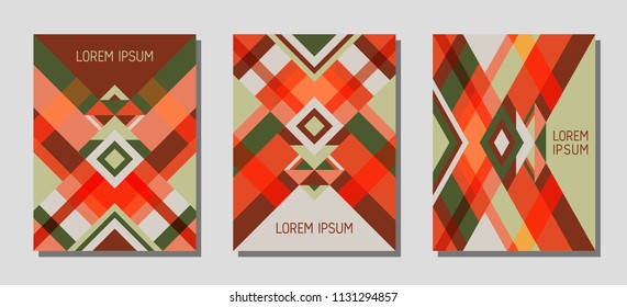 Set of cover page layouts, vector templates geometric design with triangles and stripes. Festive brazilian motifs. Bauhaus pattern vector covers design. Trendy rhombus stripe triangle shapes.