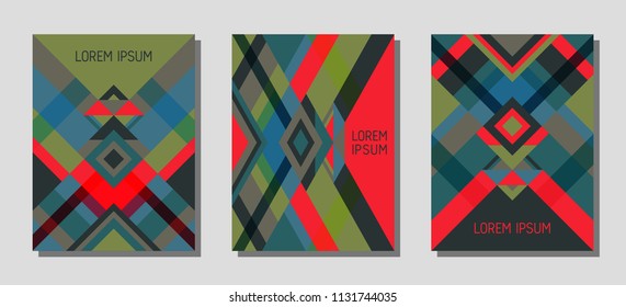 Set of cover page layouts, vector templates geometric design with triangles and stripes. Folklore brazilian motifs. Bauhaus pattern vector covers design. Cool rhombus stripe triangle shapes.