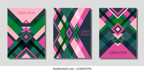 Set of cover page layouts, vector templates geometric design with triangles and stripes. Carnival mexican motifs. Bauhaus pattern vector covers design. Cool rhombus stripe triangle shapes.