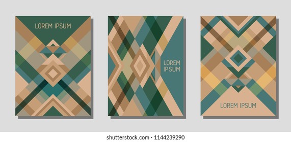 Set of cover page layouts, vector templates geometric design with triangles and stripes. Carnival brazilian motifs. Bauhaus pattern vector covers design. Trendy rhombus stripe triangle shapes.