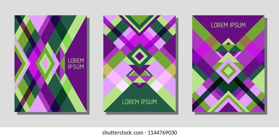 Set of cover page layouts, vector templates geometric design with triangles and stripes. Festive brazil motifs. Bauhaus pattern vector covers design. Minimal rhombus stripe triangle shapes.