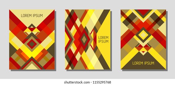 Set of cover page layouts, vector templates geometric design with triangles and stripes. Festive brazil motifs. Bauhaus pattern vector covers design. Minimal rhombus stripe triangle shapes.