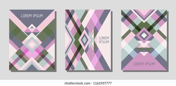 Set of cover page layouts, vector templates geometric design with triangles and stripes. Carnival mexican motifs. Bauhaus pattern vector covers design. Minimal rhombus stripe triangle shapes.
