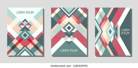 Set of cover page layouts, vector templates geometric design with triangles and stripes. Carnival brazil motifs. Bauhaus pattern vector covers design. Trendy rhombus stripe triangle shapes.
