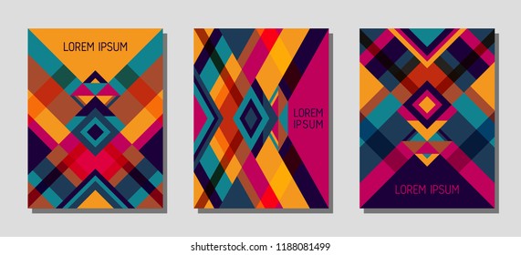 Set of cover page layouts, vector templates geometric design with triangles and stripes. Festive brazilian motifs. Bauhaus pattern vector covers design. Modern rhombus stripe triangle shapes.