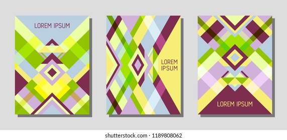 Set of cover page layouts, vector templates geometric design with triangles and stripes. Folklore brazil motifs. Bauhaus pattern vector covers design. Cool rhombus stripe triangle shapes.