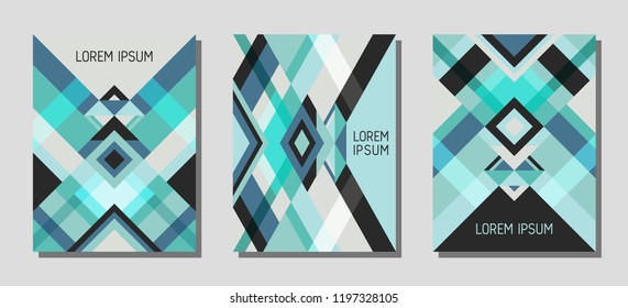 Set of cover page layouts, vector templates geometric design with triangles and stripes. Ethnic mexican motifs. Bauhaus pattern vector covers design. Modern rhombus stripe triangle shapes.