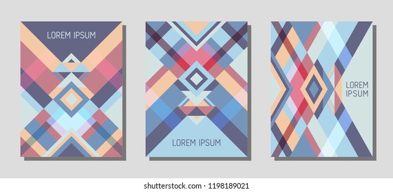 Set of cover page layouts, vector templates geometric design with triangles and stripes. Ethnic brazil motifs. Bauhaus pattern vector covers design. Modern rhombus stripe triangle shapes.
