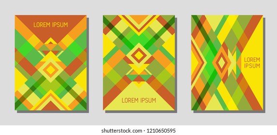 Set of cover page layouts, vector templates geometric design with triangles and stripes. Festive brazil motifs. Bauhaus pattern vector covers design. Cool rhombus stripe triangle shapes.