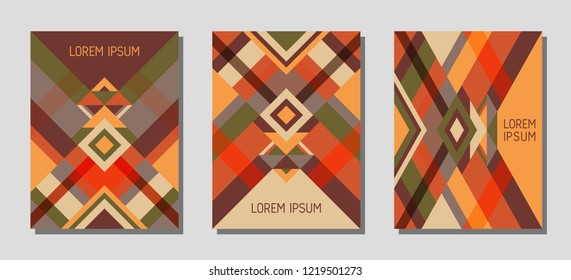 Set of cover page layouts, vector templates geometric design with triangles and stripes. Festive mexican motifs. Bauhaus pattern vector covers design. Minimal rhombus stripe triangle shapes.