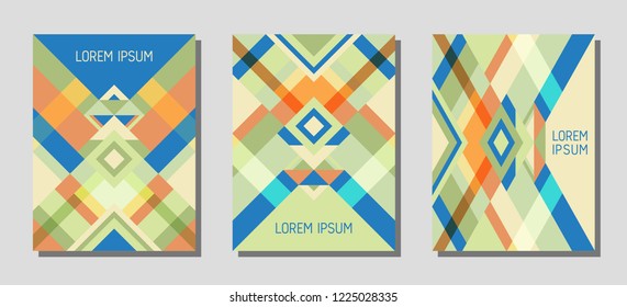 Set of cover page layouts, vector templates geometric design with triangles and stripes. Ethnic brazil motifs. Bauhaus pattern vector covers design. Cool rhombus stripe triangle shapes.