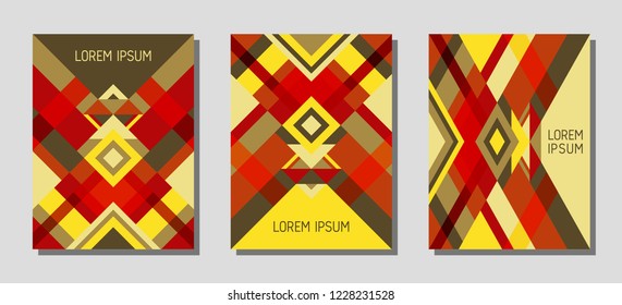 Set of cover page layouts, vector templates geometric design with triangles and stripes. Carnival mexican motifs. Bauhaus pattern vector covers design. Cool rhombus stripe triangle shapes.