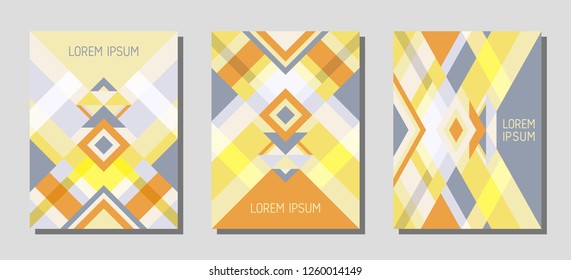 Set of cover page layouts, vector templates geometric design with triangles and stripes. Festive brazilian motifs. Bauhaus pattern vector covers design. Cool rhombus stripe triangle shapes.