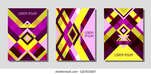 Set of cover page layouts, vector templates geometric design with triangles and stripes. Folklore brazil motifs. Bauhaus pattern vector covers design. Modern rhombus stripe triangle shapes.