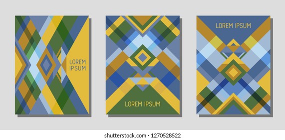 Set of cover page layouts, vector templates geometric design with triangles and stripes. Carnival brazilian motifs. Bauhaus pattern vector covers design. Minimal rhombus stripe triangle shapes.
