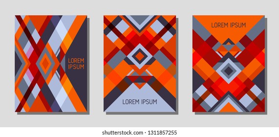 Set of cover page layouts, vector templates geometric design with triangles and stripes. Folklore brazil motifs. Bauhaus pattern vector covers design. Trendy rhombus stripe triangle shapes.