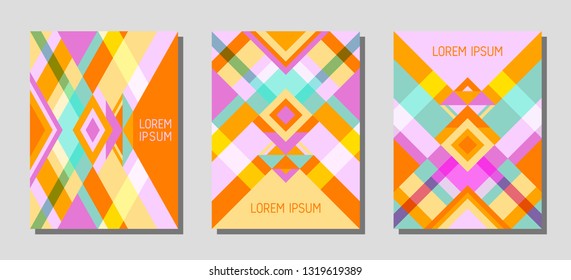 Set of cover page layouts, vector templates geometric design with triangles and stripes. Ethnic mexican motifs. Bauhaus pattern vector covers design. Trendy rhombus stripe triangle shapes.