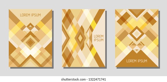 Set of cover page layouts, vector templates geometric design with triangles and stripes. Folklore mexican motifs. Bauhaus pattern vector covers design. Cool rhombus stripe triangle shapes.