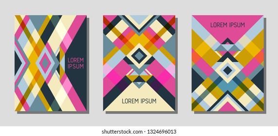 Set of cover page layouts, vector templates geometric design with triangles and stripes. Ethnic brazilian motifs. Bauhaus pattern vector covers design. Minimal rhombus stripe triangle shapes.