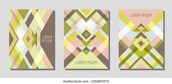 Set of cover page layouts, vector templates geometric design with triangles and stripes. Festive brazilian motifs. Bauhaus pattern vector covers design. Trendy rhombus stripe triangle shapes.