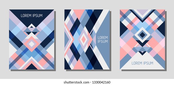Set of cover page layouts, vector templates geometric design with triangles and stripes. Carnival brazilian motifs. Bauhaus pattern vector covers design. Cool rhombus stripe triangle shapes.