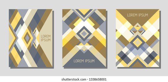 Set of cover page layouts, vector templates geometric design with triangles and stripes. Ethnic brazil motifs. Bauhaus pattern vector covers design. Cool rhombus stripe triangle shapes.