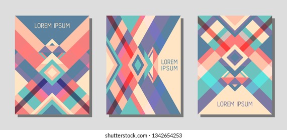 Set of cover page layouts, vector templates geometric design with triangles and stripes. Folklore brazilian motifs. Bauhaus pattern vector covers design. Trendy rhombus stripe triangle shapes.