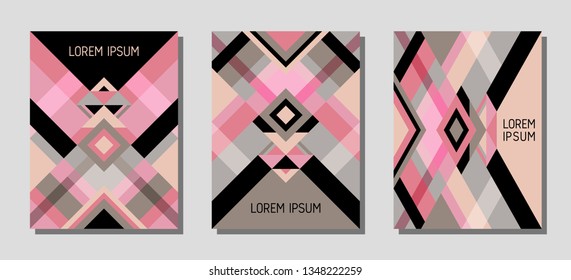 Set of cover page layouts, vector templates geometric design with triangles and stripes. Ethnic brazil motifs. Bauhaus pattern vector covers design. Modern rhombus stripe triangle shapes.