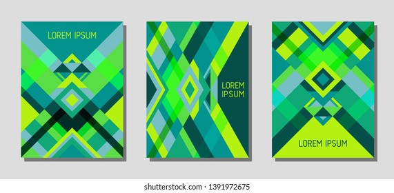 Set of cover page layouts, vector templates geometric design with triangles and stripes. Festive mexican motifs. Bauhaus pattern vector covers design. Minimal rhombus stripe triangle shapes.