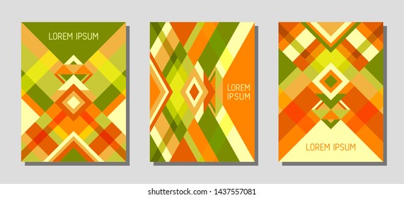 Set of cover page layouts, vector templates geometric design with triangles and stripes. Folklore brazil motifs. Bauhaus pattern vector covers design. Trendy rhombus stripe triangle shapes.