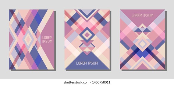 Set of cover page layouts, vector templates geometric design with triangles and stripes. Folklore brazil motifs. Bauhaus pattern vector covers design. Cool rhombus stripe triangle shapes.