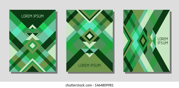 Set of cover page layouts, vector templates geometric design with triangles and stripes. Ethnic brazilian motifs. Bauhaus pattern vector covers design. Trendy rhombus stripe triangle shapes.