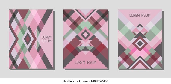 Set of cover page layouts, vector templates geometric design with triangles and stripes. Festive brazilian motifs. Bauhaus pattern vector covers design. Modern rhombus stripe triangle shapes.