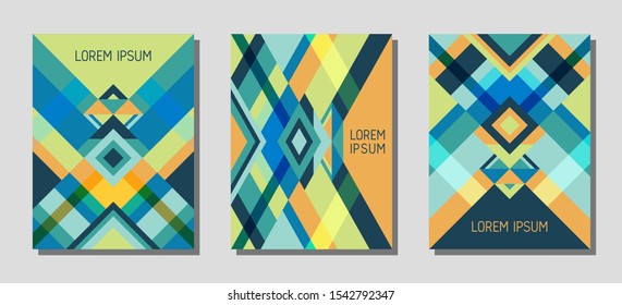 Set of cover page layouts, vector templates geometric design with triangles and stripes. Carnival brazil motifs. Bauhaus pattern vector covers design. Trendy rhombus stripe triangle shapes.