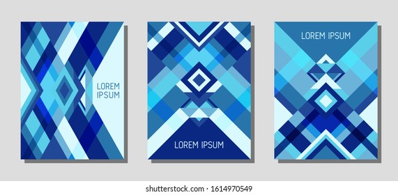 Set of cover page layouts, vector templates geometric design with triangles and stripes. Carnival brazilian motifs. Bauhaus pattern vector covers design. Modern rhombus stripe triangle shapes.