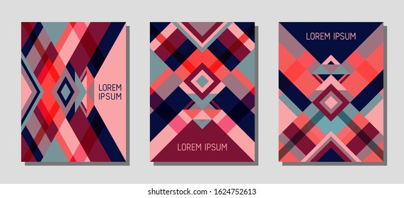 Set of cover page layouts, vector templates geometric design with triangles and stripes. Ethnic brazilian motifs. Bauhaus pattern vector covers design. Modern rhombus stripe triangle shapes.