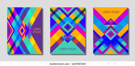 Set of cover page layouts, vector templates geometric design with triangles and stripes. Festive mexican motifs. Bauhaus pattern vector covers design. Modern rhombus stripe triangle shapes.