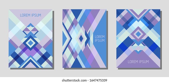 Set von Deckseitenlayouts, geometrisches Design der Vektorillustration mit Dreiecken und Streifen. Ethnische mexikanische Motive. Die Bauhausmuster-Vektorillustration deckt das Design ab. Trendy rhombus Streifen Dreieck Formen.