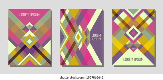 Set von Deckseitenlayouts, Vektorvorlagen geometrisches Design mit Dreiecken und Streifen. Festliche brasilianische Motive. Bauhaus Muster Vektorgrafik Design. Trendy rhombus Streifen Dreieck Formen.
