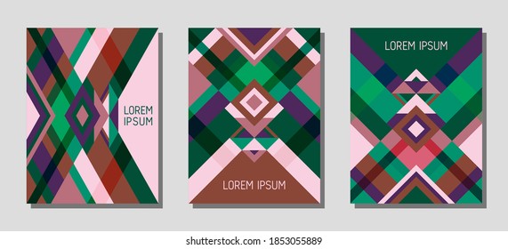 Set of cover page layouts, vector templates geometric design with triangles and stripes. Carnival brazil motifs. Bauhaus pattern vector covers design. Trendy rhombus stripe triangle shapes.