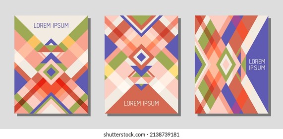 Set of cover page layouts, vector templates geometric design with triangles and stripes. Festive brazil motifs. Bauhaus pattern vector covers design. Minimal rhombus stripe triangle shapes.