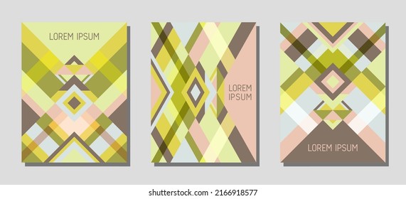 Set of cover page layouts, vector templates geometric design with triangles and stripes. Carnival brazilian motifs. Bauhaus pattern vector covers design. Modern rhombus stripe triangle shapes.