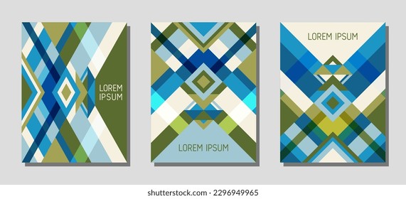 Set von Deckseitenlayouts, Vektorvorlagen geometrisches Design mit Dreiecken und Streifen. Ethnische mexikanische Motive. Bauhaus Muster Vektorgrafik Design. Cool rhombus Streifen Dreieck Formen.
