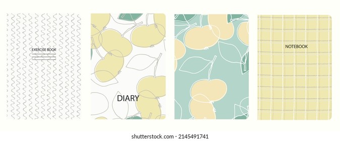 Conjunto de plantillas de portada con manzanas, guisantes, líneas de cuadrícula dibujadas a mano. Basado en patrones sin fisuras. Cabeceras aisladas y reemplazables. Perfecto para portátiles, bloc de notas, diarios
