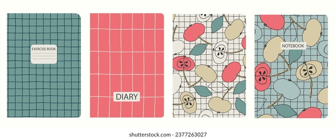 Set of cover page templates with apples, pea, hand drawn gridlines. Based on seamless patterns. Headers isolated and replaceable. Perfect for notebooks, notepads, diaries