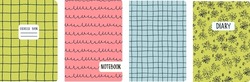 Set Of Cover Page Templates Based On Grid Seamless Patterns, Spiral Lines, Flower Pattern. Plaid Backgrounds For School Notebooks, Diaries. Headers Isolated And Replaceable