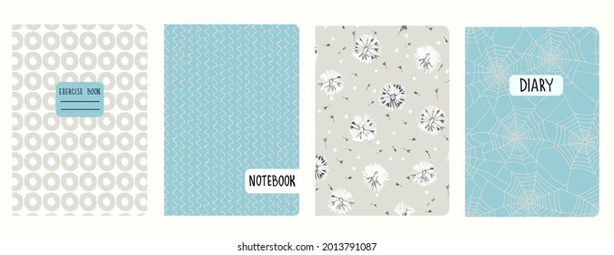 Set of cover page templates based on seamless patterns with hand drawn spider web, circlres, dandelions. Backgrounds for notebooks, notepads, diaries. Headers isolated and replaceable