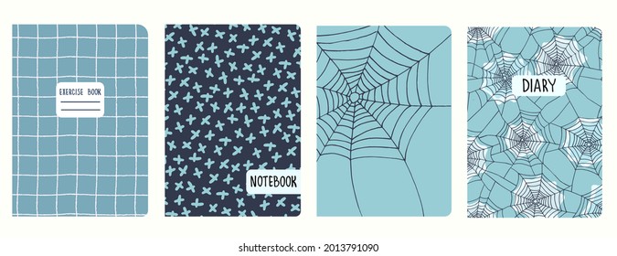 Set of cover page templates based on patterns with hand drawn spider web, gridlines, crosses. Backgrounds for notebooks, notepads, diaries. Headers isolated and replaceable